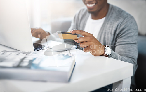 Image of Laptop, credit card and man for home online shopping, e learning and fintech payment, loan or happy finance. Student or person hands and on floor typing banking information and computer transaction