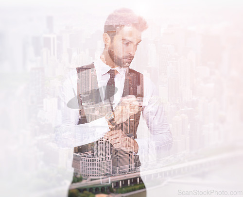 Image of Business man, city and double exposure, confident with professional mindset and abstract. Urban overlay with cityscape, corporate male person and career, mockup space with ambition and vision