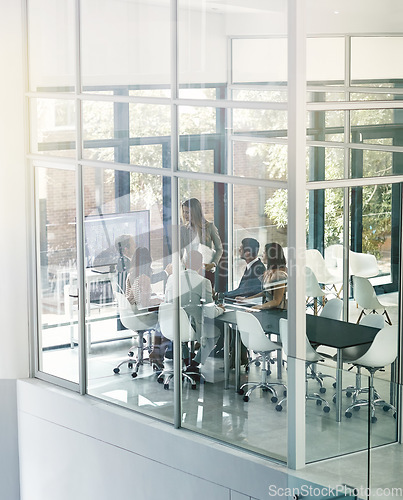 Image of Presentation, meeting and business people in office for planning, discussion and problem solving. Finance, collaboration and woman leader with team in a boardroom for sharing vision, growth and idea