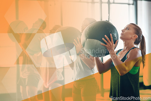 Image of Gym, fitness and woman throw medicine ball for exercise, workout and training in class. Athlete people together for power challenge, commitment and strong muscle at health club with a mockup overlay