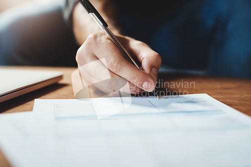 Image of Hands, document and man writing on paper for home, loan or investment in house. Signature, paperwork and male person with legal, contract or agreement for property, real estate or rental compliance