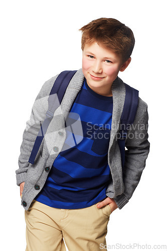 Image of Happy boy, school and portrait smile standing with hands in his pockets, cool or style isolated on a white background. Young little child or kid student posing with backpack for learning or education
