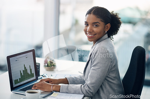 Image of Data, laptop and portrait of accountant woman working on financial strategy as growth at startup company with smile. Happy, computer and African financial advisor excited for progress on graph report
