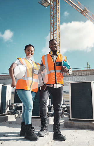 Image of Portrait, engineer team and happy black people at construction site with coffee. Teamwork, architecture and smile of African man and woman with tea, collaboration and building with mockup space.