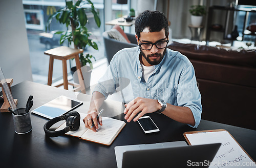 Image of Laptop, remote work and man doing research while working on a creative freelance project at his home. Technology, reading and male freelancer planning a business strategy on computer in living room.