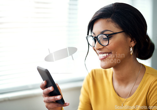 Image of Phone, search and happy woman reading online, social media post or networking on internet for job opportunity. Creative, communication or startup person, glasses and mobile app, Web 3.0 and home chat