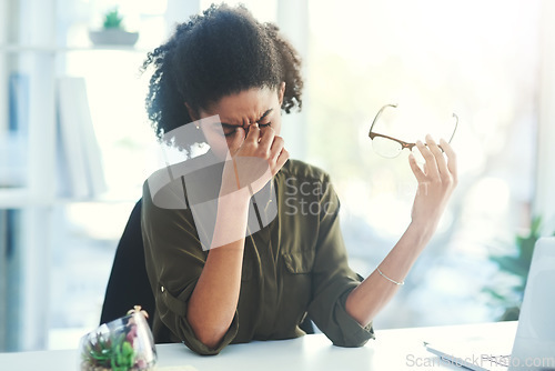 Image of Frustrated, headache and business woman in office with problem, mistake and working on deadline. Burnout, anxiety and African female worker with stress, fatigue and migraine thinking of solution