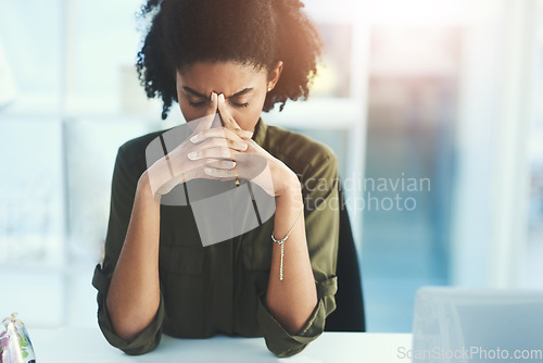 Image of Headache, frustrated and business woman in office with problem, mistake and working on deadline. Burnout, anxiety and African female worker with worry, stressed out and migraine thinking of solution