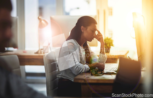 Image of Depression, burnout or business woman with headache in office with fatigue, anxiety or stress. Depressed employee, sad female consultant or tired person frustrated with migraine pain in workplace