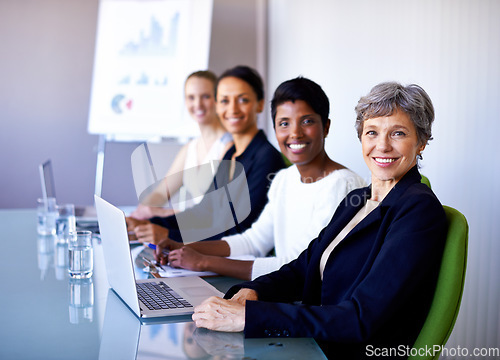 Image of Diversity in team, women empowerment portrait of business people happy and in office at building. Collaboration or teamwork, in workshop and coworkers in corporate with in modern conference room.