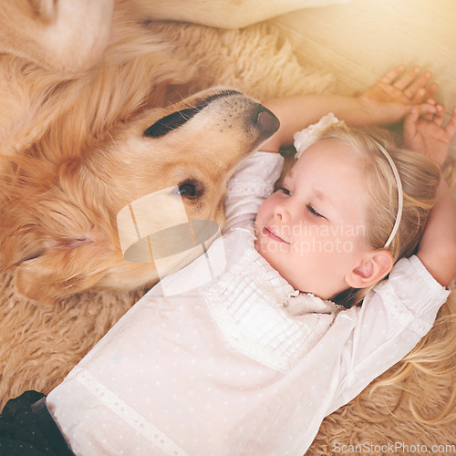 Image of Top view, dog and girl with happiness, bonding and protection with joy, growth and loving together. Happy female child, pet and kid with a smile, relax and chilling with animal, puppy and development