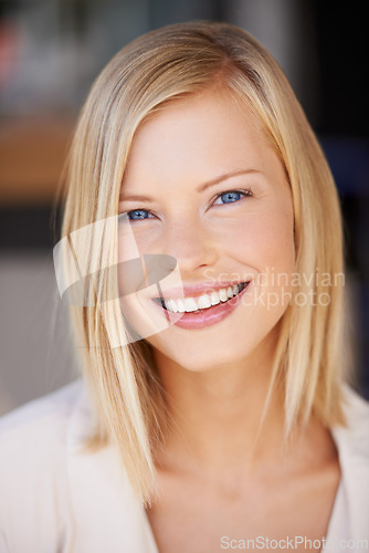 Image of Smile, beauty and face portrait of a woman with natural makeup, cosmetics and glow on skin. Female model person from Canada with happiness, positive mindset and confidence for skincare headshot