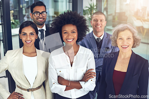 Image of Portrait, happy business people and diversity of teamwork, global collaboration and corporate confidence in office. Group, professional employees and smile for trust, pride and solidarity in company