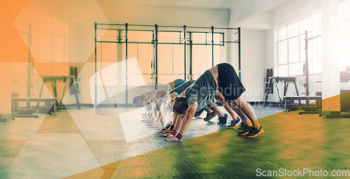 Image of Push up, fitness and group of people at gym for exercise, workout and training in class. Athlete men and women together for power challenge, commitment and balance at a club with a mockup overlay