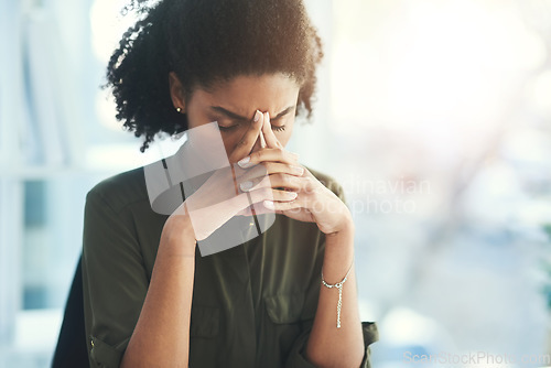 Image of Headache, stress and business woman in office with problem, mistake and working on deadline. Burnout, anxiety and African female worker with frustrated, stressed out and migraine thinking of solution