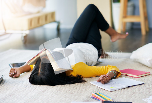 Image of Home, woman and student with stress, studying and burnout in her bedroom, overworked or exhausted. Female person, academic or girl on a bed, sleeping or books for test, project or tired with homework