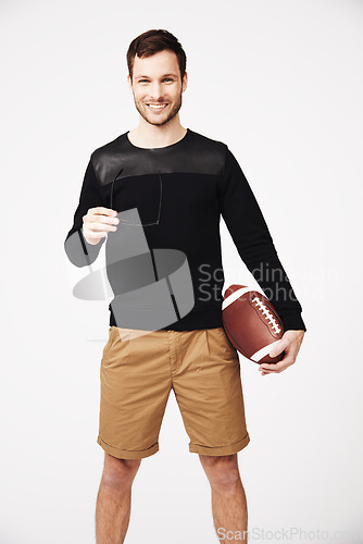 Image of Man, rugby and smile portrait with fitness and sport gear with casual fashion in studio. Isolated, white background and young male person with happiness and ready to start workout exercise and game