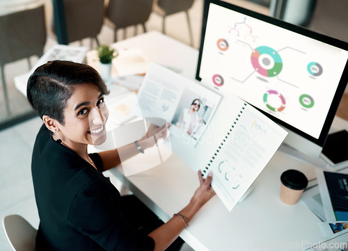 Image of Portrait, woman and computer screen for data analytics, documents and planning ecommerce or fashion business. Happy face of creative designer or person, paperwork and analysis, charts or graphs above