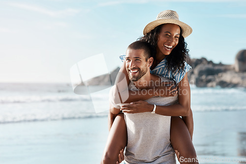 Image of Romance, ocean and piggy back, happy couple with blue sky on romantic summer holiday travel to beach. Love, man and woman at sea, happiness on date and romantic adventure vacation together in Mexico.