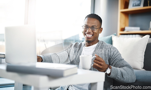 Image of Computer, home portrait and man with coffee for online education, college e learning and studying in living room. Happy african person on floor, tea and laptop for remote university or scholarship