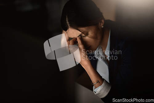 Image of Depression, headache and business woman pain at night for migraine, burnout or mental health risk and stress. Depressed, anxiety or tired corporate person with mistake, frustrated or fatigue problem