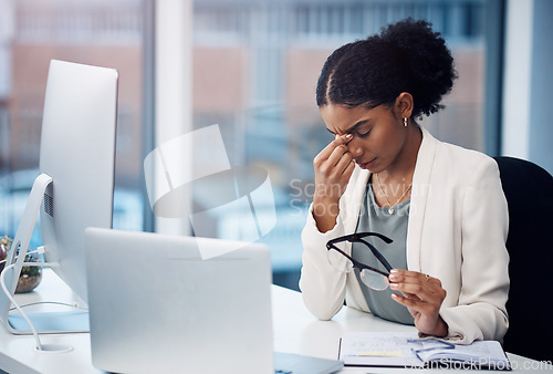 Image of Business woman, headache and vision problem with stress, corporate burnout and fatigue from working in office. Professional female person with migraine, frustrated with laptop glitch and tired worker