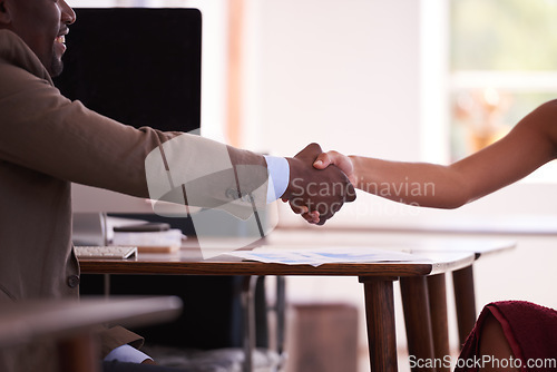 Image of Closeup, business people and handshake in meeting, partnership introduction and team collaboration. Employees shaking hands in support, success and b2b networking for opportunity, trust and thank you