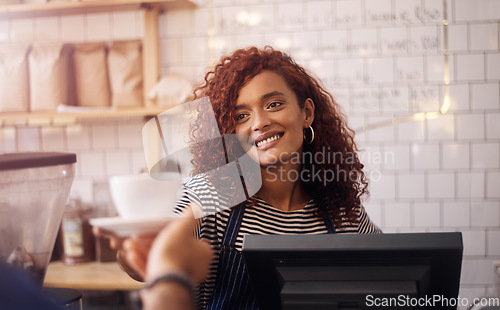 Image of Happy woman, barista and cup of coffee to customer in cafeteria, restaurant shop and food service industry. Waitress, worker and giving drinks order, cappuccino and tea with smile in small business