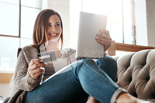 Image of Online shopping, tablet and credit card, happy woman on couch in living room and internet banking app in home. Technology, ecommerce payment and girl on sofa surfing retail website or digital shop.