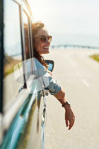 Image of Road trip, travel and woman in window of car for adventure, summer vacation and holiday. Transport, relax and face of excited female person in motor vehicle for freedom, journey and happy outdoors