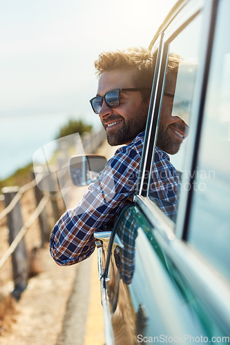 Image of Road trip, travel and man relax in car driving for adventure, summer vacation and holiday. Transportation, window and face of male person in motor vehicle for freedom, journey and happy on mountain