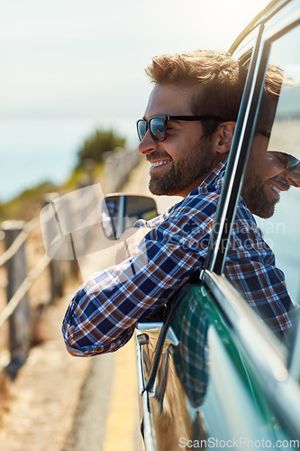 Image of Road trip, travel and man with smile in car driving for adventure, summer vacation and holiday. Transportation, window and happy male person in motor vehicle for freedom, journey and relax by ocean