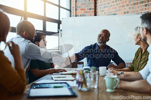 Image of Business people, meeting and handshake with ceo for deal, partnership or senior collaboration. Smile, shaking hands or black men with agreement, congratulations or b2b, group negotiation or thank you