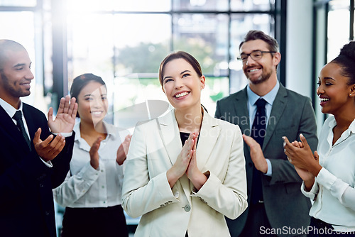 Image of Business, woman and employees with applause, promotion and achievement in the workplace. Partners, men and women clapping, celebration and support for collaboration, teamwork or happiness with growth