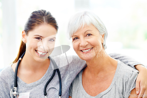 Image of Senior care, happy portrait of nurse and old woman in nursing home with trust and support in healthcare. Retirement, caregiver service and elderly patient with happiness and healthy smile on face.