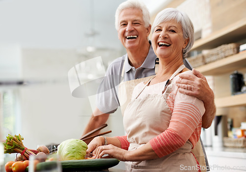 Image of Cooking, health and portrait of old couple in kitchen for salad, love and nutrition. Happy, smile and retirement with senior man and woman cutting vegetables at home for food, dinner and recipe