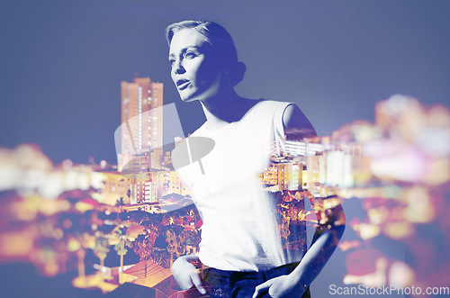 Image of Woman, city and night with double exposure, thinking and fashion for outdoor adventure, tourism and freedom. Girl, vision and holographic overlay with buildings, skyline and bokeh light by cityscape