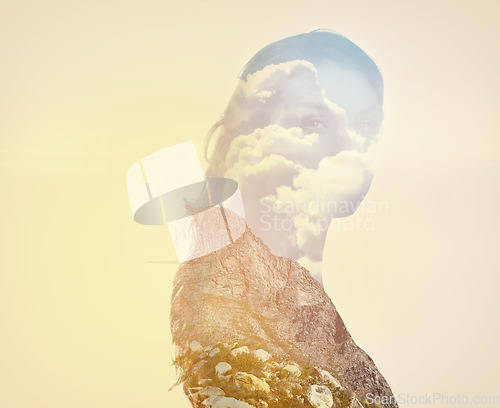 Image of Woman, nature and double exposure in portrait with mountain, clouds or sky background on adventure. Girl, face or holographic overlay for freedom, holiday or silhouette with vision for sustainability