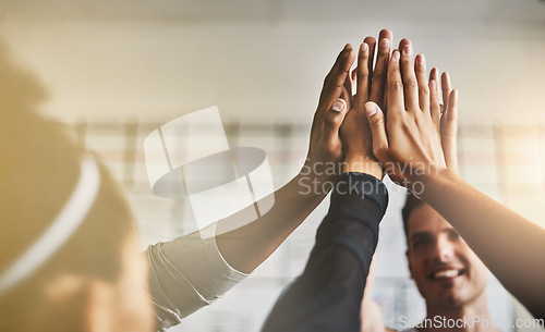 Image of Hands, high five and teamwork of people in gym for fitness, team building and solidarity. Collaboration, group of friends and celebration for exercise targets, goals or support, motivation or success