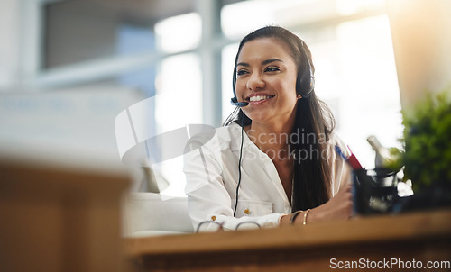 Image of Communication, crm or happy woman in call center consulting, speaking or talking at customer services. Virtual assistant, friendly or sales consultant in telemarketing or telecom company help desk