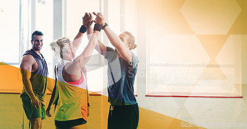 Image of High five, fitness and team celebrate success at gym for exercise, workout and training goals. Sports men and women with mockup overlay space for power challenge, win or achievement at wellness club
