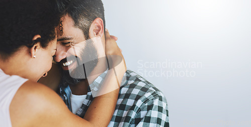 Image of Love, hug and face of couple in home for commitment, loving embrace and trust on white background. Dating, mockup space and man and woman smile for intimate moment, happy and together for romance