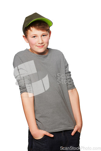 Image of Cool, stylish and portrait of a child with fashion isolated on a white background in a studio. Smile, trendy and a young boy as a fashionable model looking confident, happy and cute in clothing