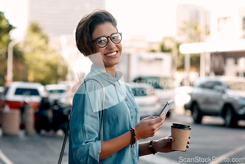 Image of Commute, portrait of young woman with coffee in the morning in city and smartphone in the street background. Travel with cellphone, happy and female person with beverage in urban area or cityscape