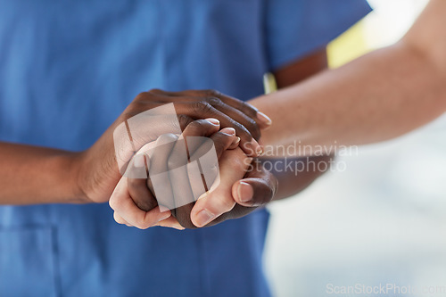 Image of Hands, patient and nurse for healthcare in a hospital for support, trust and care. Medical doctor, caregiver or therapist helping and talking to person for hope, communication and empathy or comfort