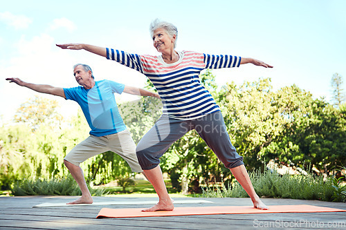 Image of Nature, yoga and senior couple doing outdoor exercise, retirement workout or fitness performance. Wellness, freedom and elderly man, woman or people doing pilates pose, training or health balance