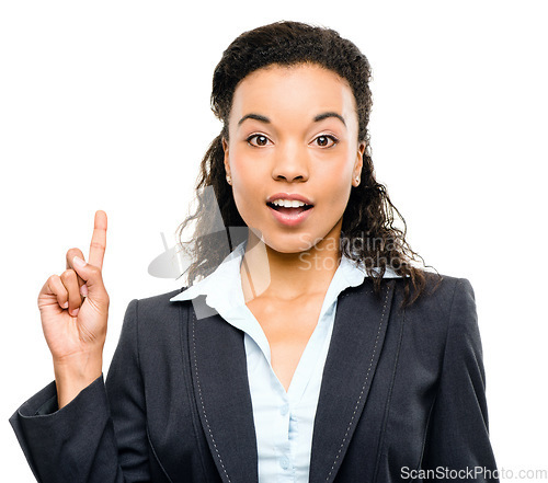 Image of Corporate woman, portrait or pointing up on isolated white background for finance growth questions, target or future vision. Face, surprised or business worker ideas with financial strategy thinking