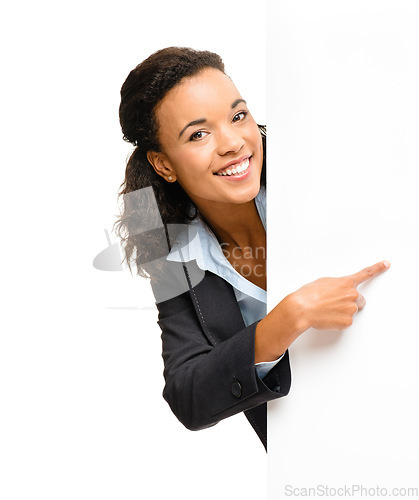 Image of Black woman, hands or pointing portrait at billboard promotion logo, poster branding mockup or product placement news. Smile, happy or business banner paper of sales deal on isolated white background