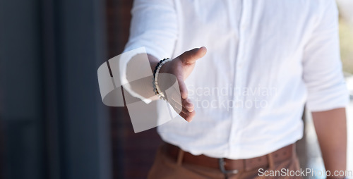 Image of Handshake, thank you and welcome with a business man at the office for partnership, teamwork or greeting. Hand, meeting and trust with a male manager working in a company for a recruitment interview