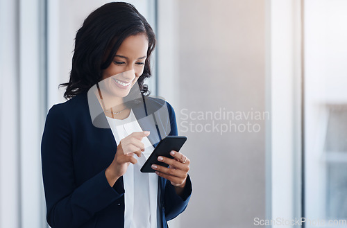 Image of Entrepreneur, business and woman with a cellphone, funny and mobile app for social media, texting and humor. Female person, consultant and happy girl with a smartphone, laughing and online reading